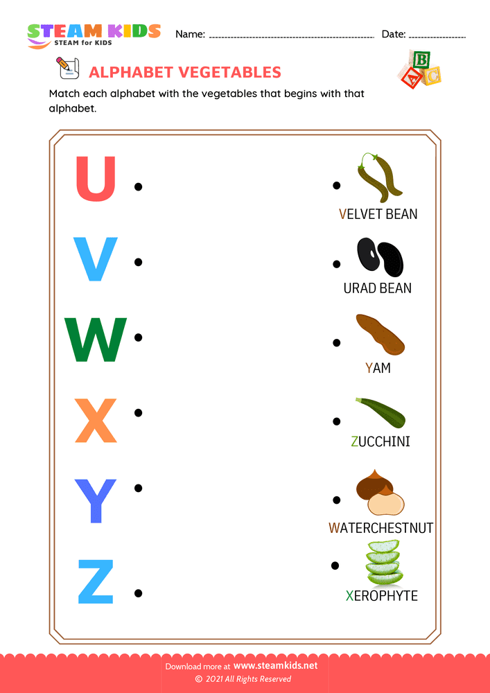 Free English Worksheet - Match Alphabet Vegetables u to z