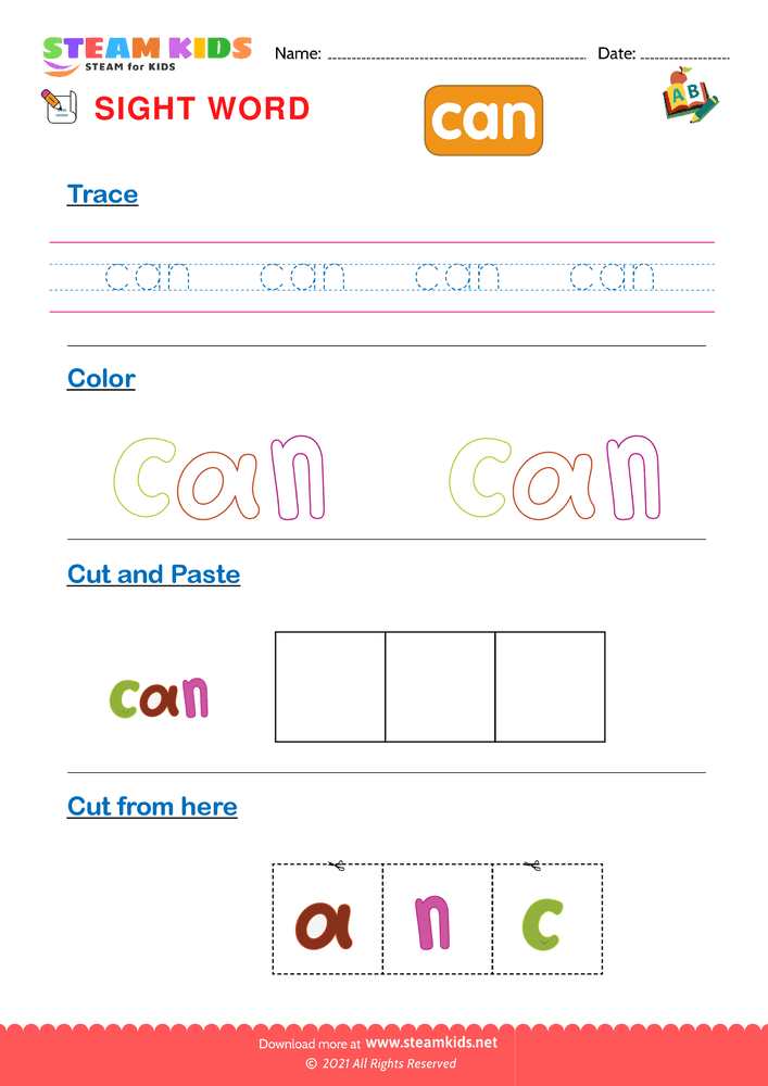 Free English Worksheet - Sight Words ''can''