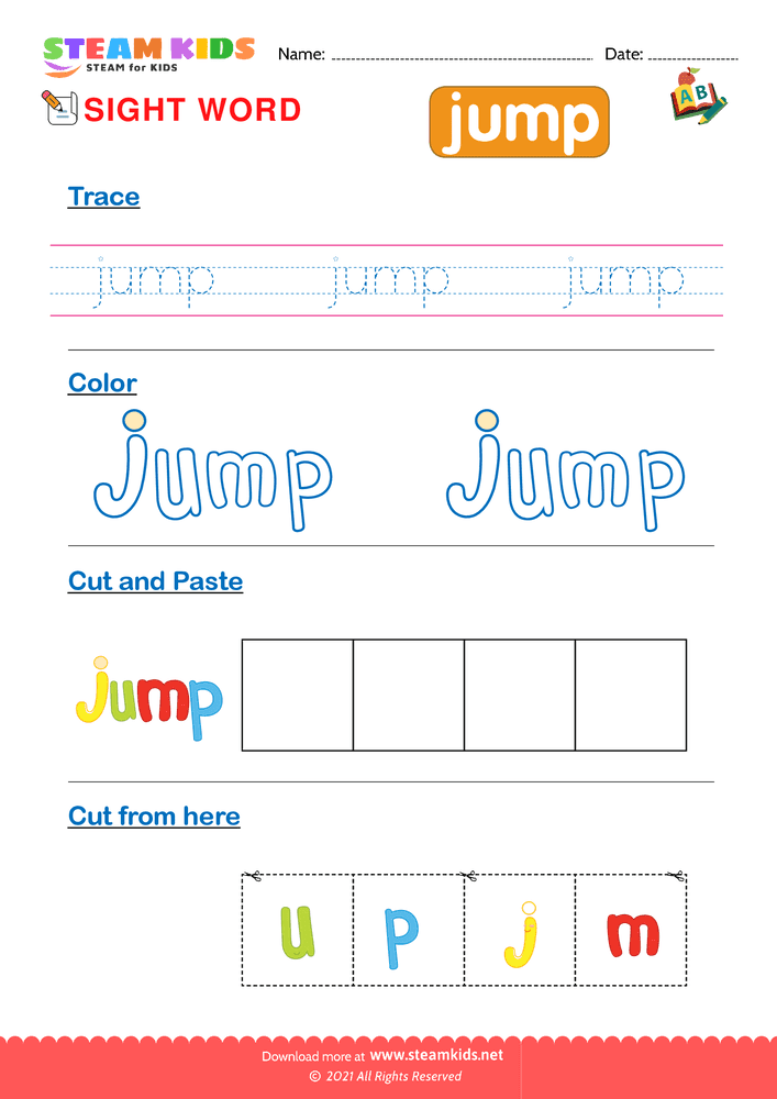 Free English Worksheet - Sight Words ''jump''
