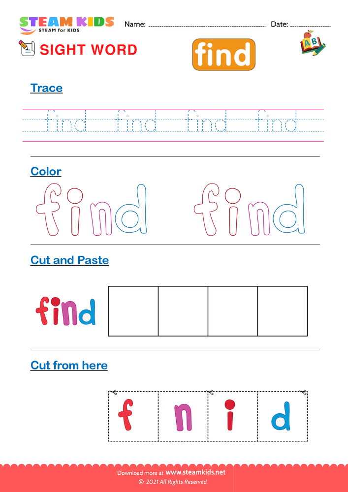 Free English Worksheet - Sight Words ''find'