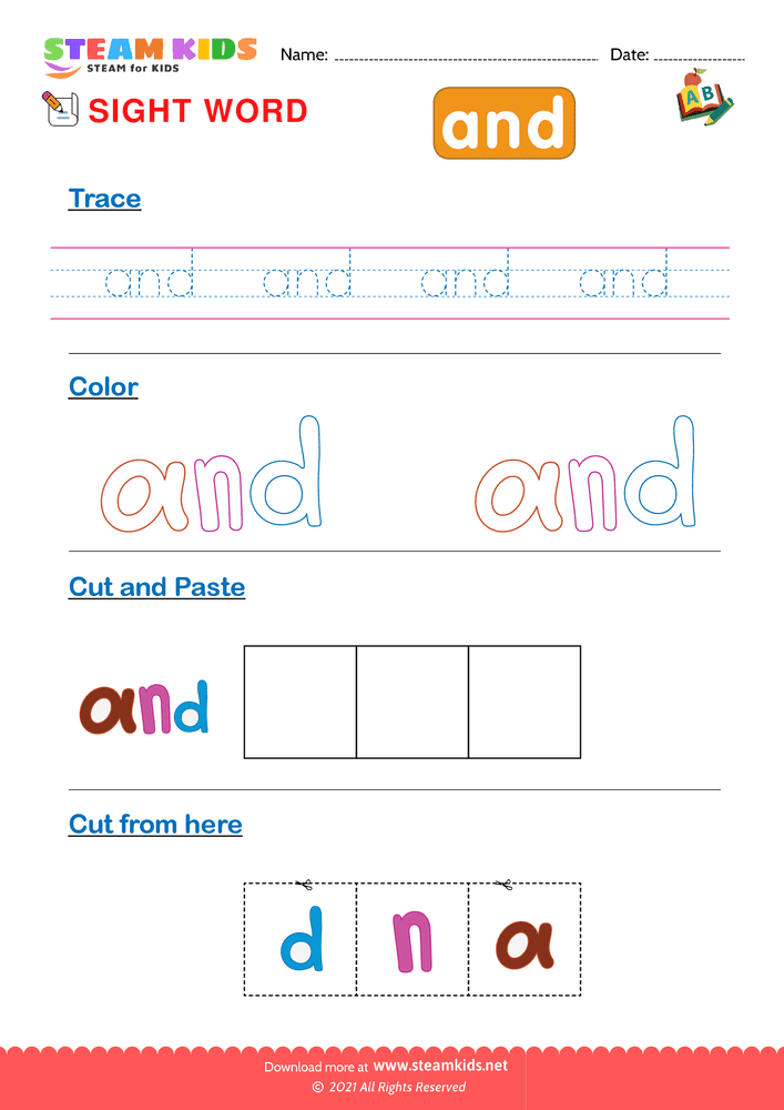 Free English Worksheet - Sight Words ''and''