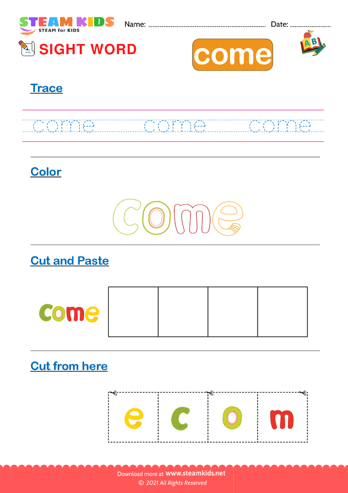 Free English Worksheet - Sight Words ''come''