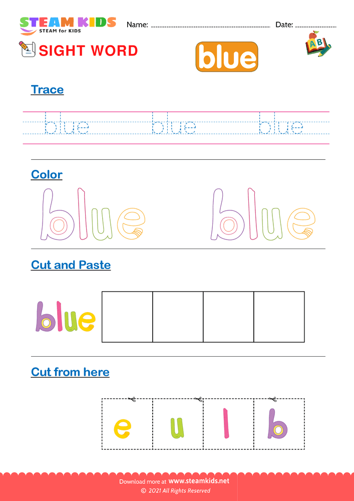 Free English Worksheet - Sight Words ''blue''