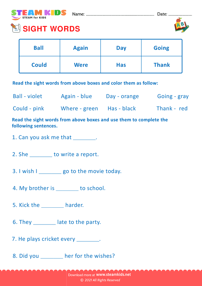 Free English Worksheet - Sight Words - Worksheet 2