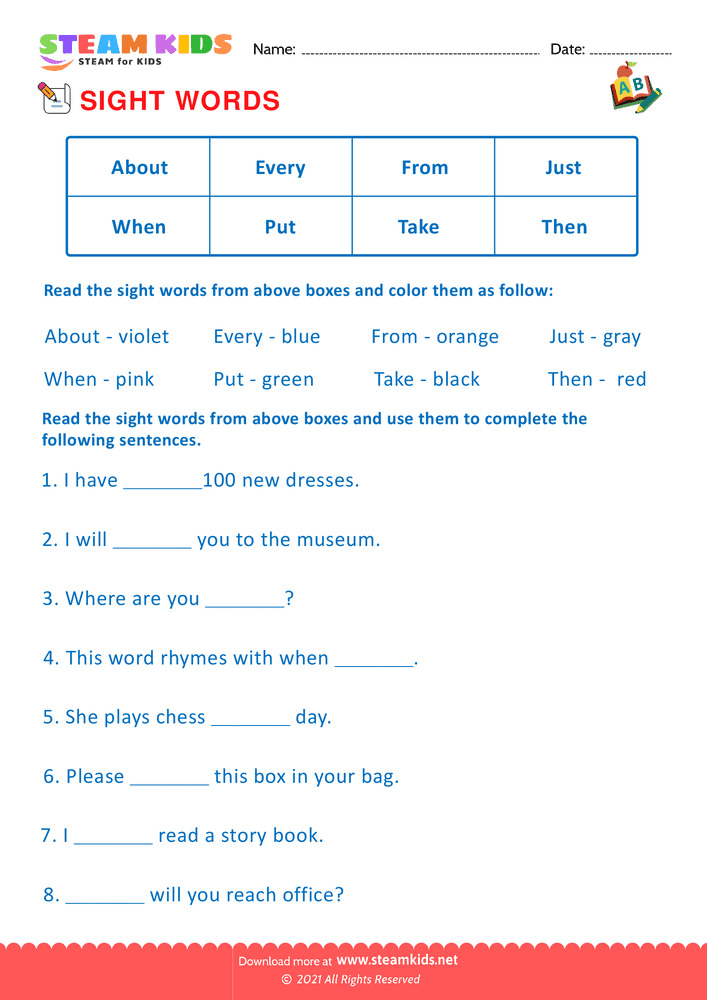 Free English Worksheet - Sight Words - Worksheet 4