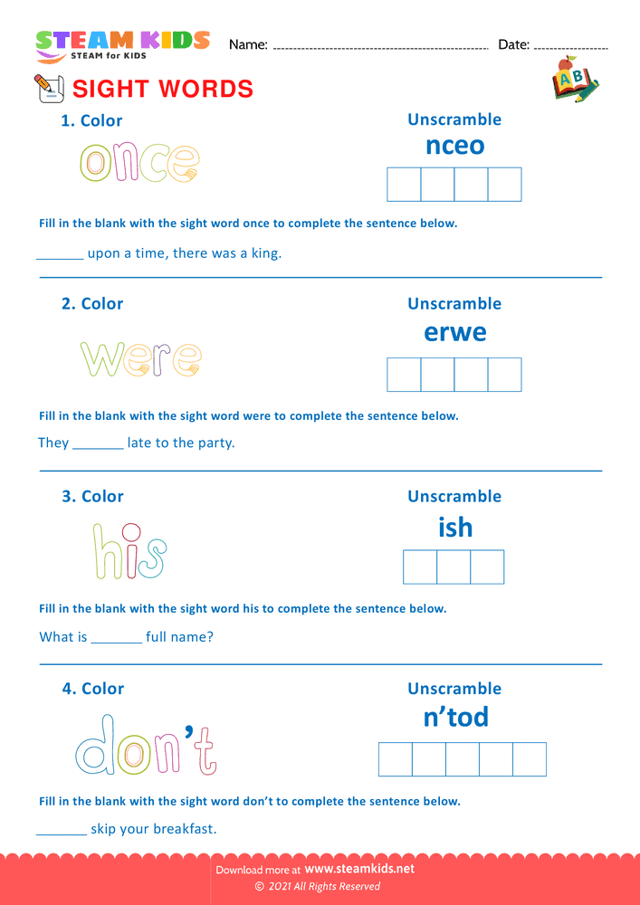 Free English Worksheet - Sight Words - Worksheet 5