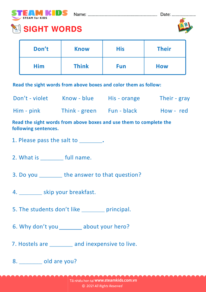 Free English Worksheet - Sight Words - Worksheet 6