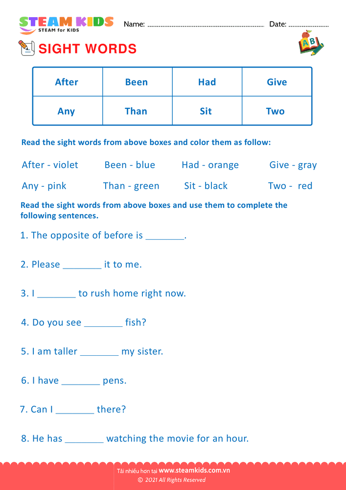 Free English Worksheet - Sight Words - Worksheet 7