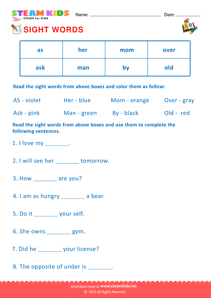 Free English Worksheet - Sight Words - Worksheet 8