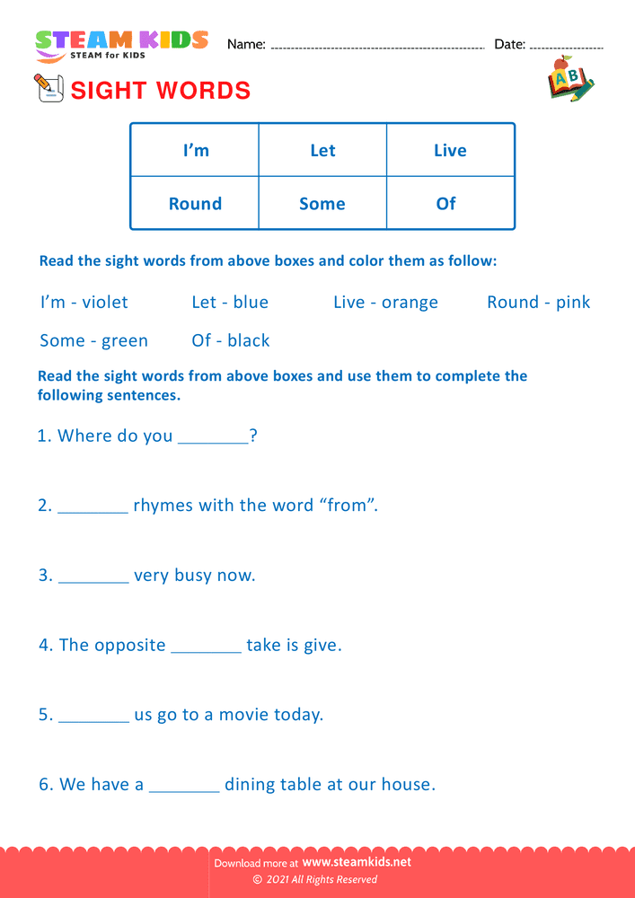 Free English Worksheet - Sight Words - Worksheet 9