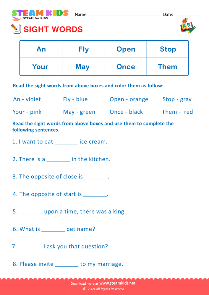 Free English Worksheet - Sight Words - Worksheet 11