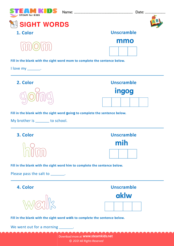 Free English Worksheet - Sight Words - Worksheet 12