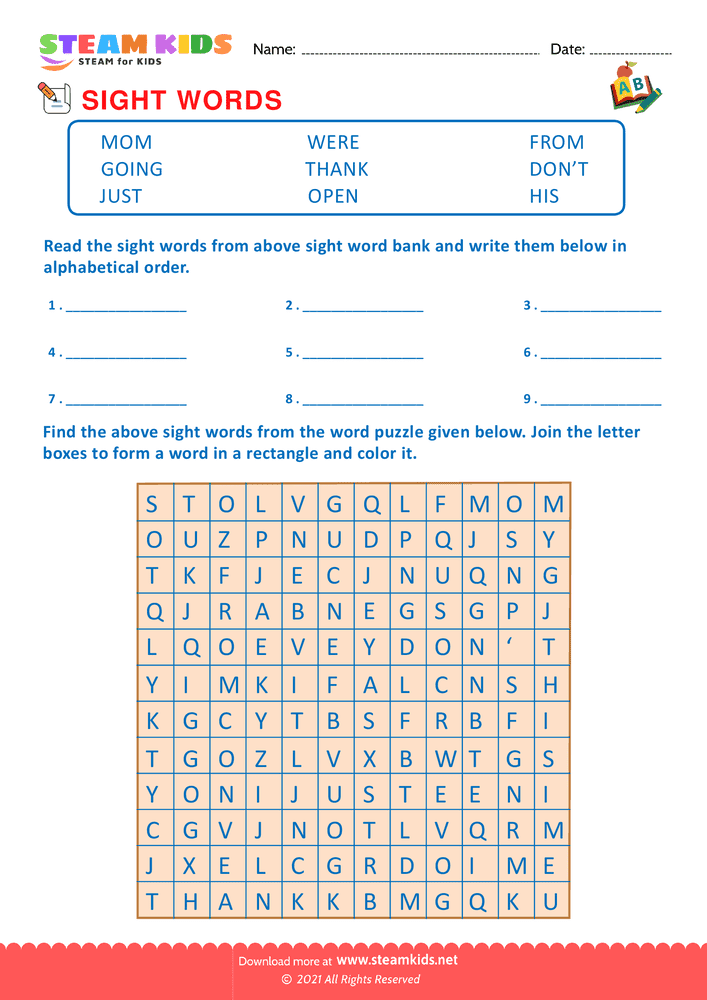 Free English Worksheet - Sight Words - Worksheet 13