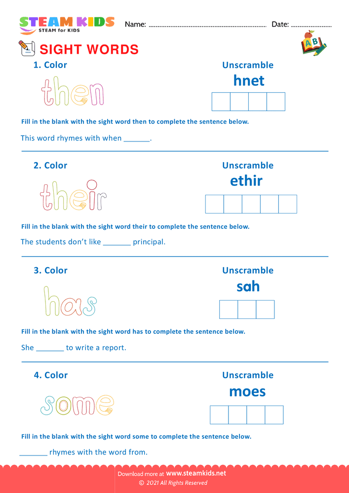 Free English Worksheet - Sight Words - Worksheet 15