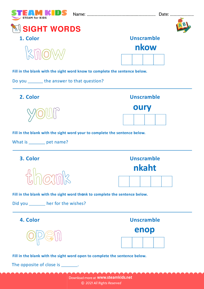 Free English Worksheet - Sight Words - Worksheet 16