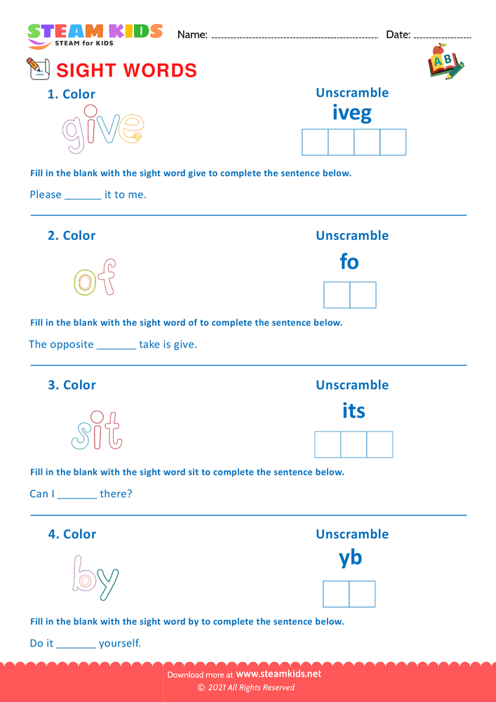 Free English Worksheet - Sight Words - Worksheet 22