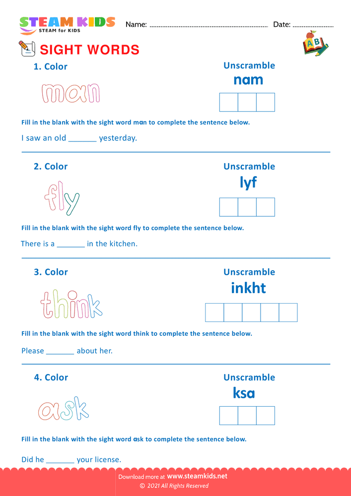 Free English Worksheet - Sight Words - Worksheet 24