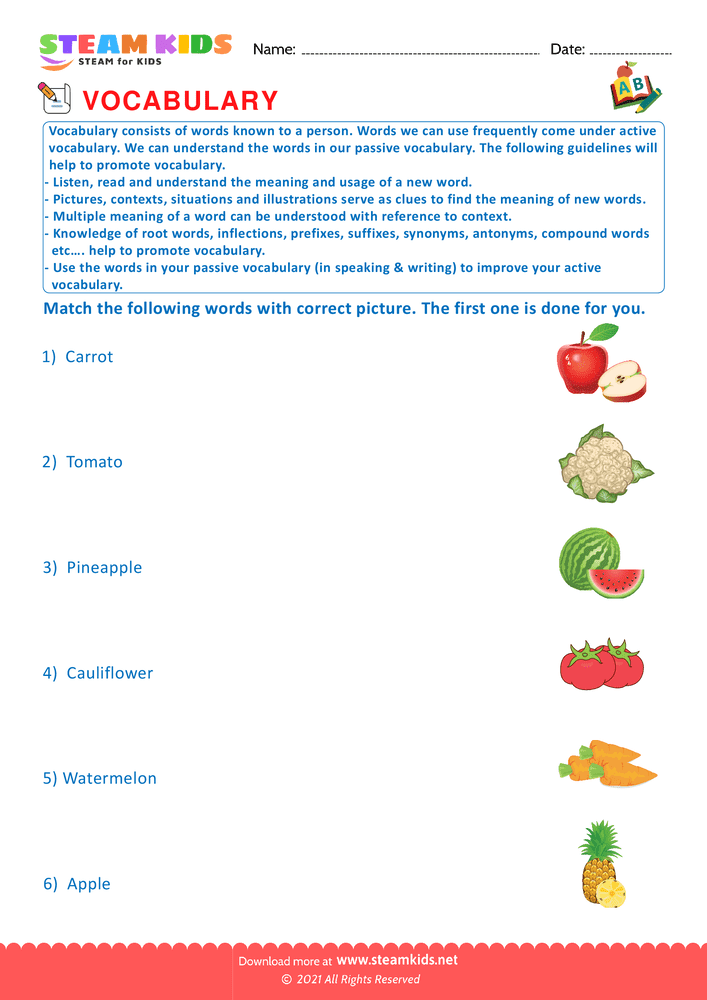 Free English Worksheet - Match pictures with words - Worksheet 1