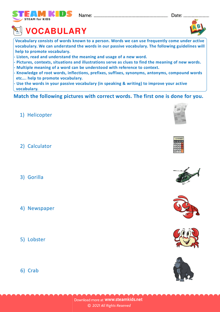 Free English Worksheet - Match pictures with words - Worksheet 3