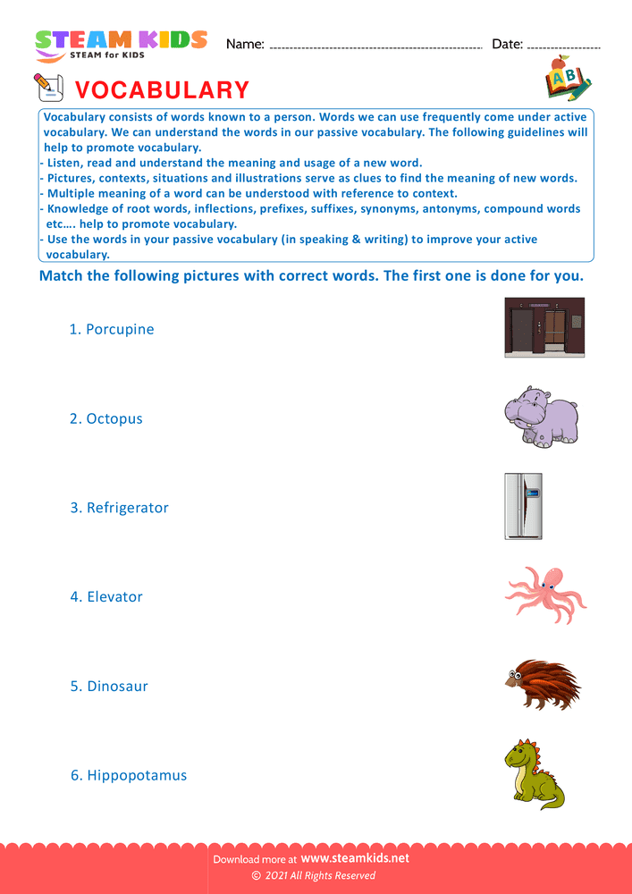 Free English Worksheet - Match pictures with words - Worksheet 4