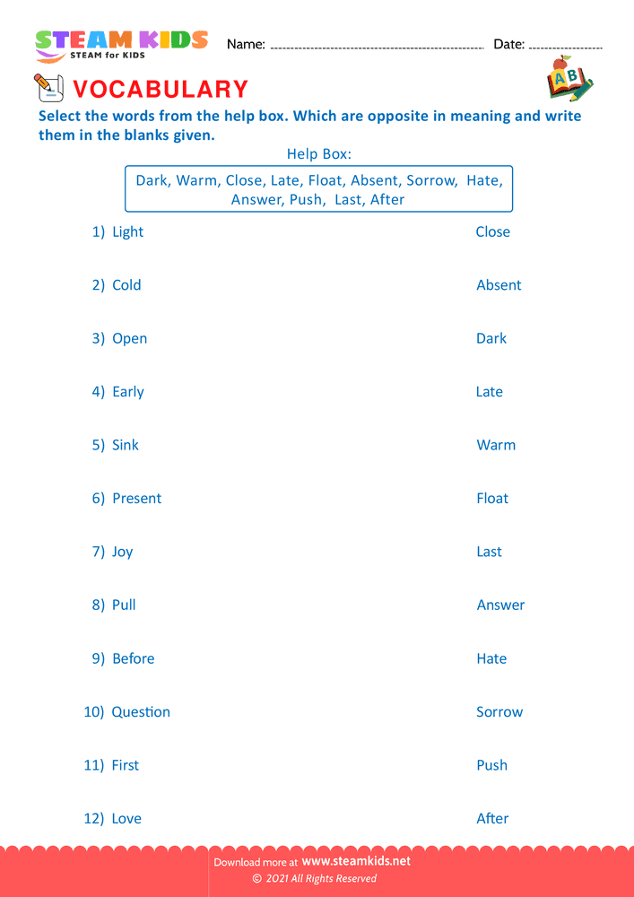Free English Worksheet - Antonyms - Worksheet 2