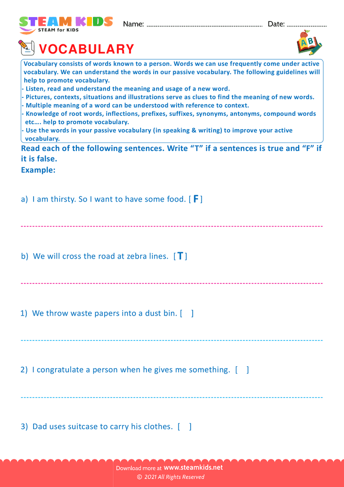 Free English Worksheet - True or False - Worksheet 1