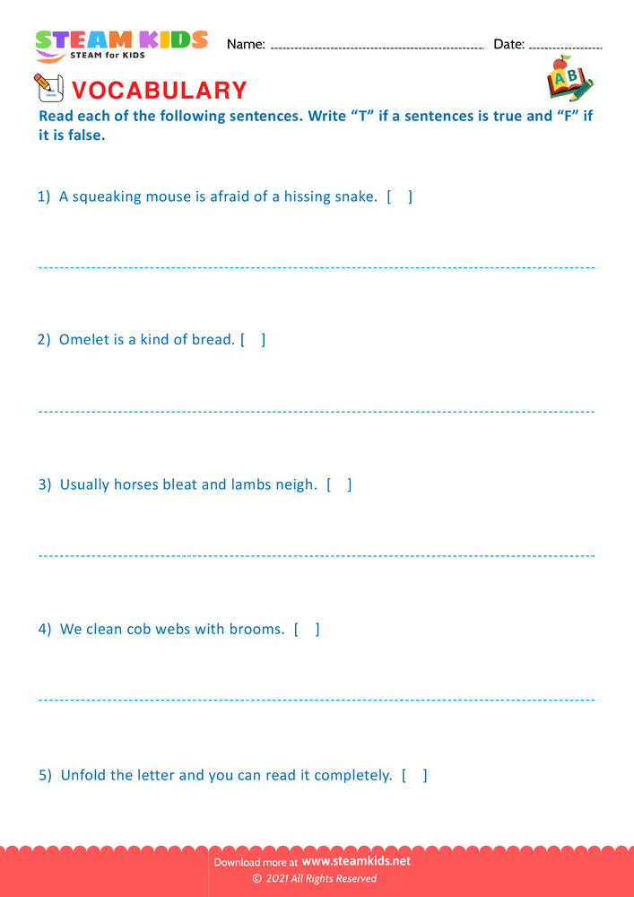 Free English Worksheet - True or False - Worksheet 15