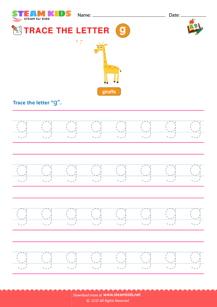 Free English Worksheet - Write lowercase Letters ''g''