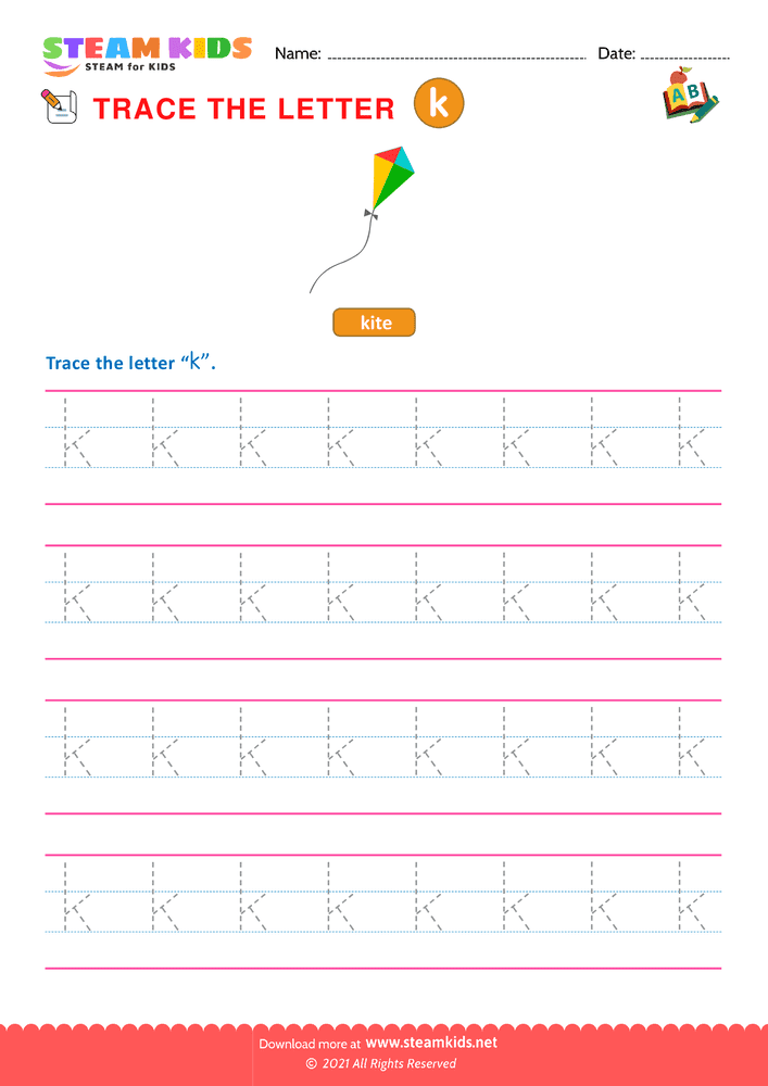 Free English Worksheet - Write lowercase Letters ''k''