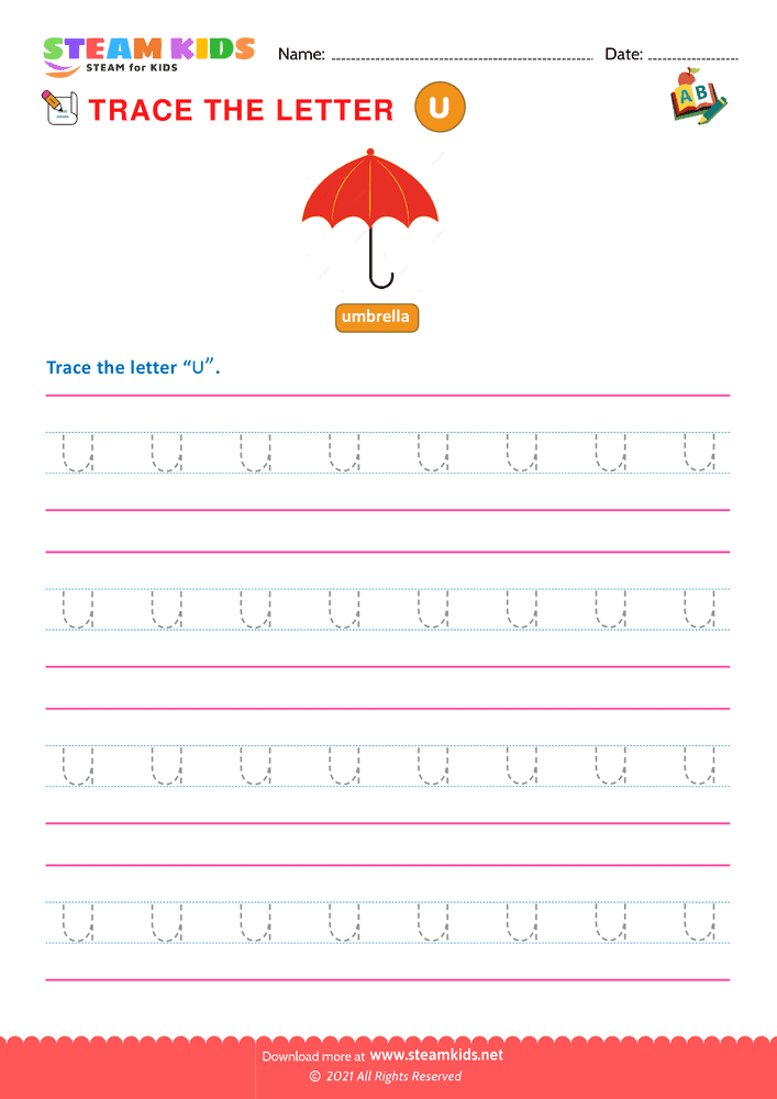 Free English Worksheet - Write lowercase Letters ''u''