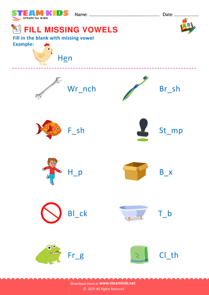 Free English Worksheet - Missing Vowels - Worksheet 8