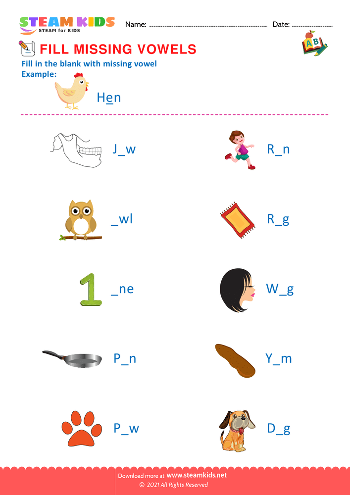 Free English Worksheet - Missing Vowels - Worksheet 12