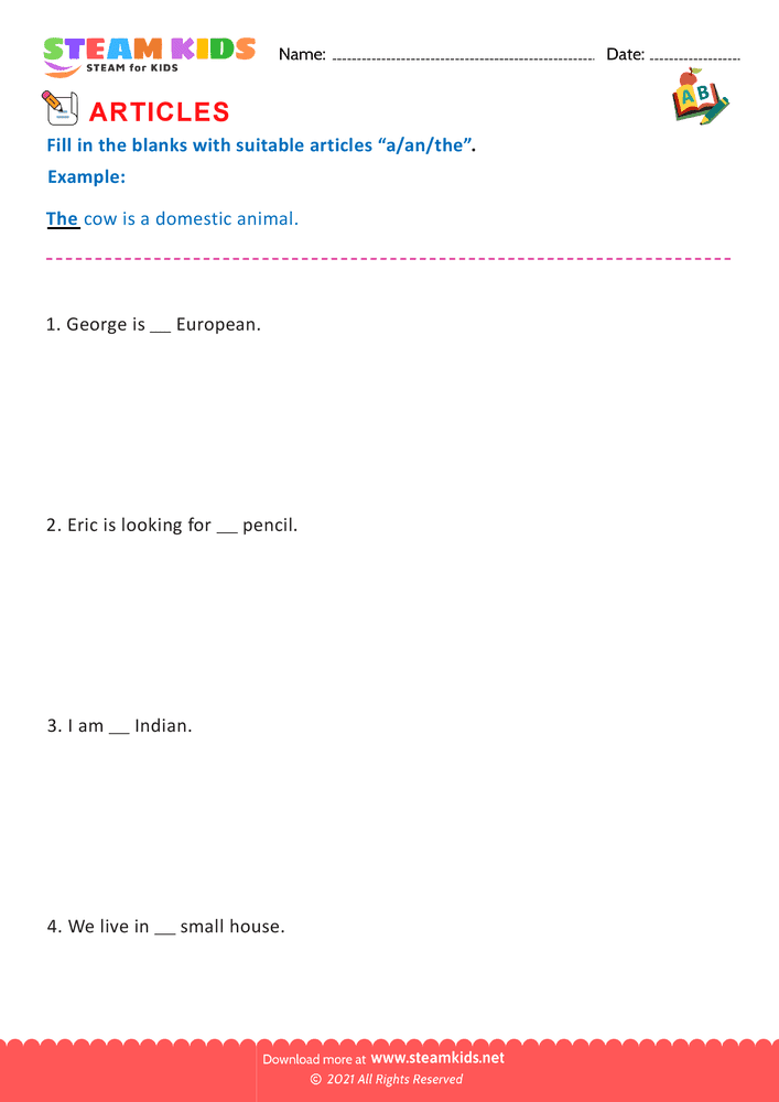 Free English Worksheet - Articles - Worksheet 2