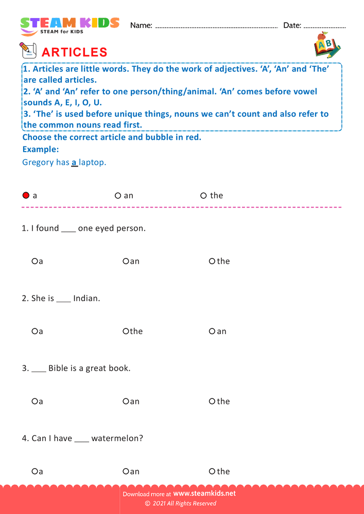 Free English Worksheet - Articles - Worksheet 3