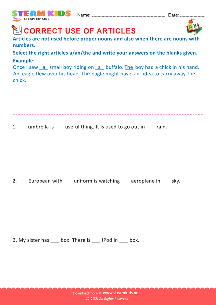 Free English Worksheet - Correct use of Articles