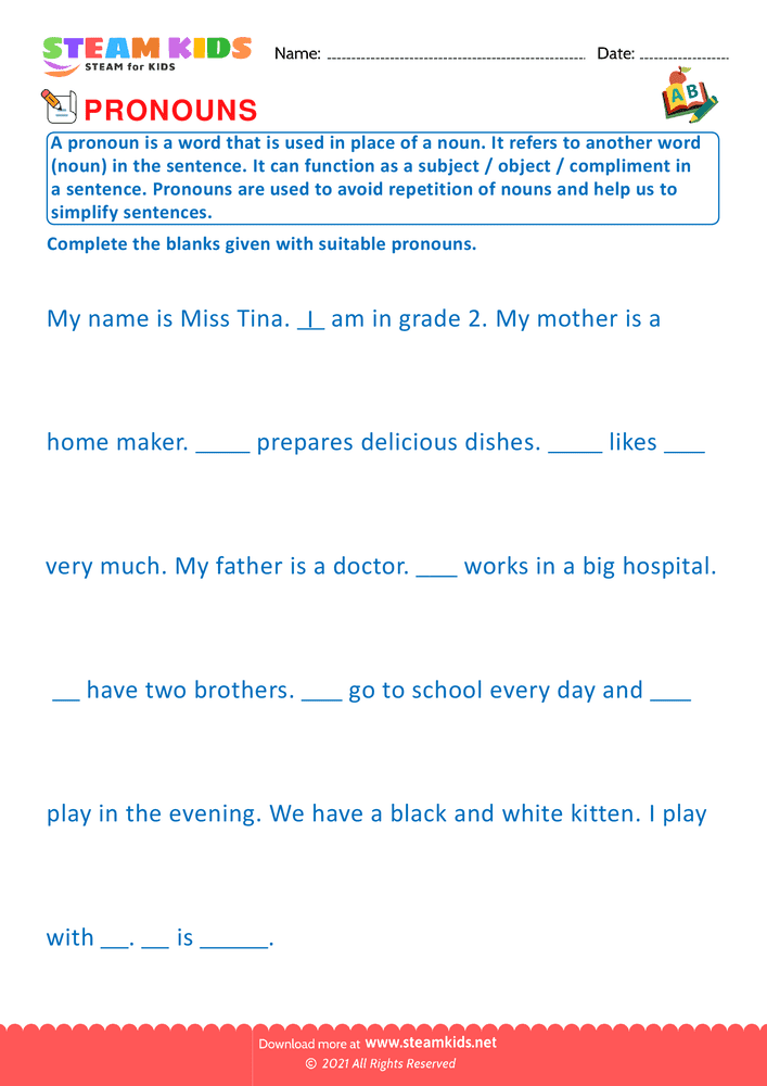 Free English Worksheet - Identify Pronouns - Worksheet 3