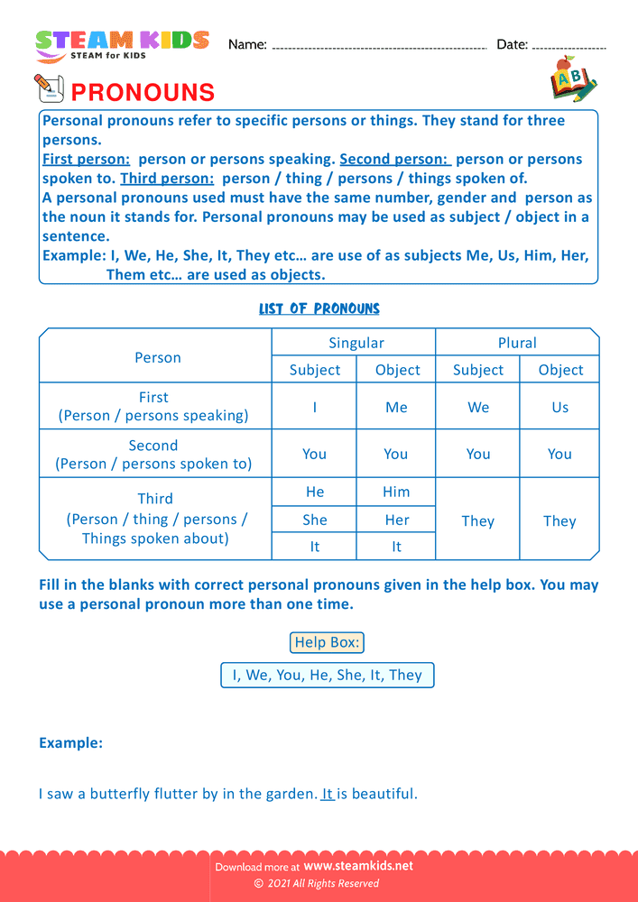 Free English Worksheet - Identify Pronouns - Worksheet 4