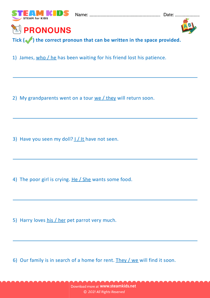 Free English Worksheet - Identify Pronouns - Worksheet 10