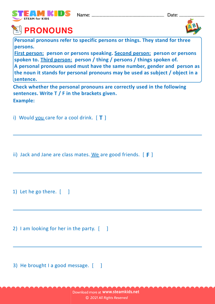 Free English Worksheet - Identify Pronouns - Worksheet 13