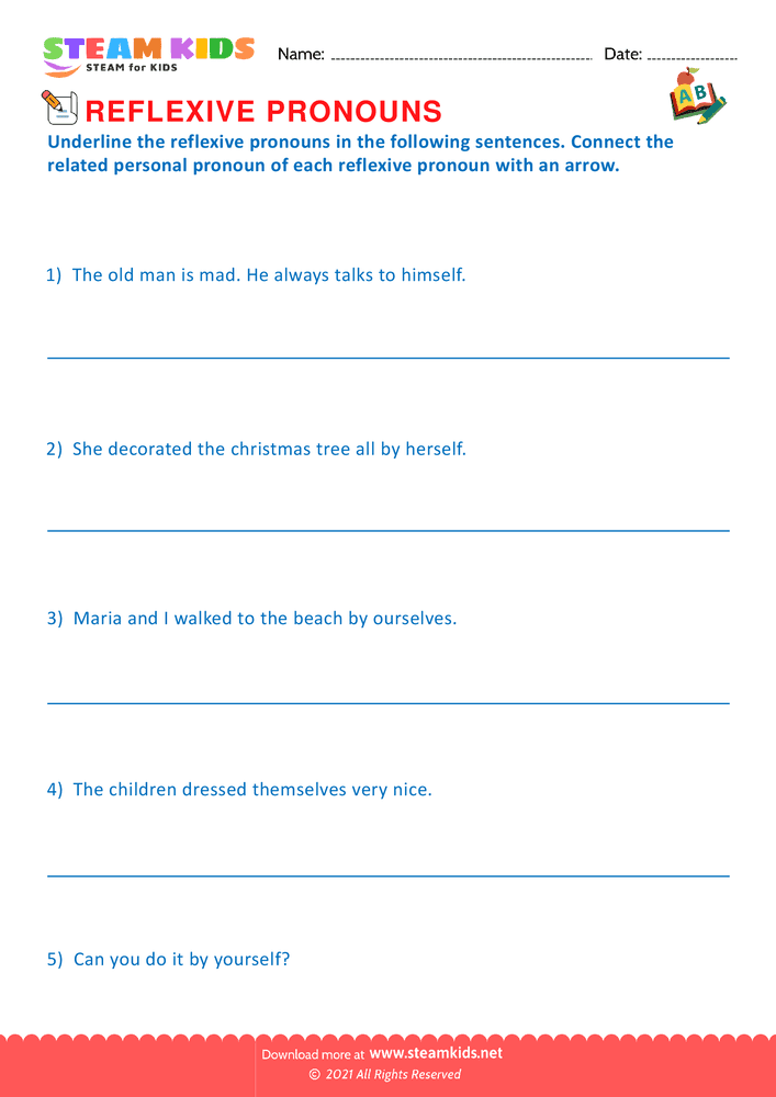 Free English Worksheet - Identify the reflexive pronouns - Worksheet 3