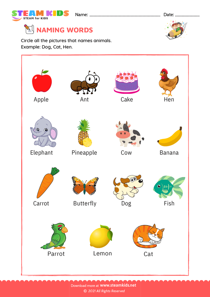 Free English Worksheet - Naming words - Worksheet 1