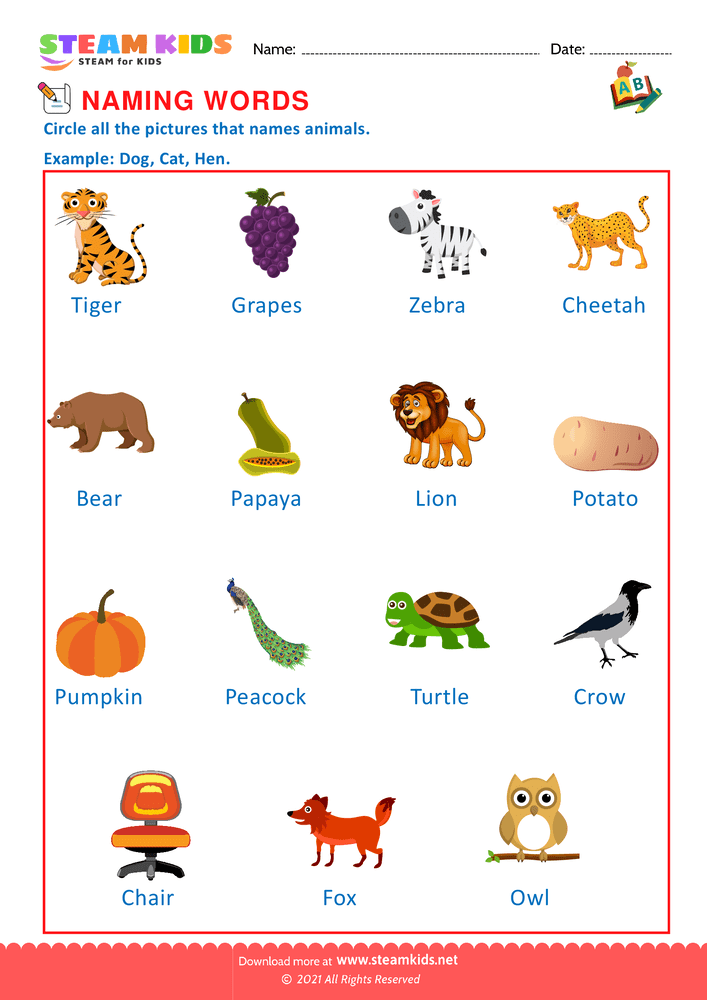 Free English Worksheet - Naming words - Worksheet 2