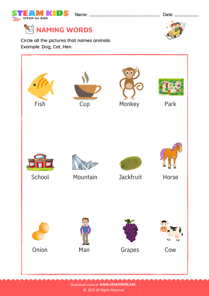 Free English Worksheet - Naming words - Worksheet 3 - STEAM KIDS