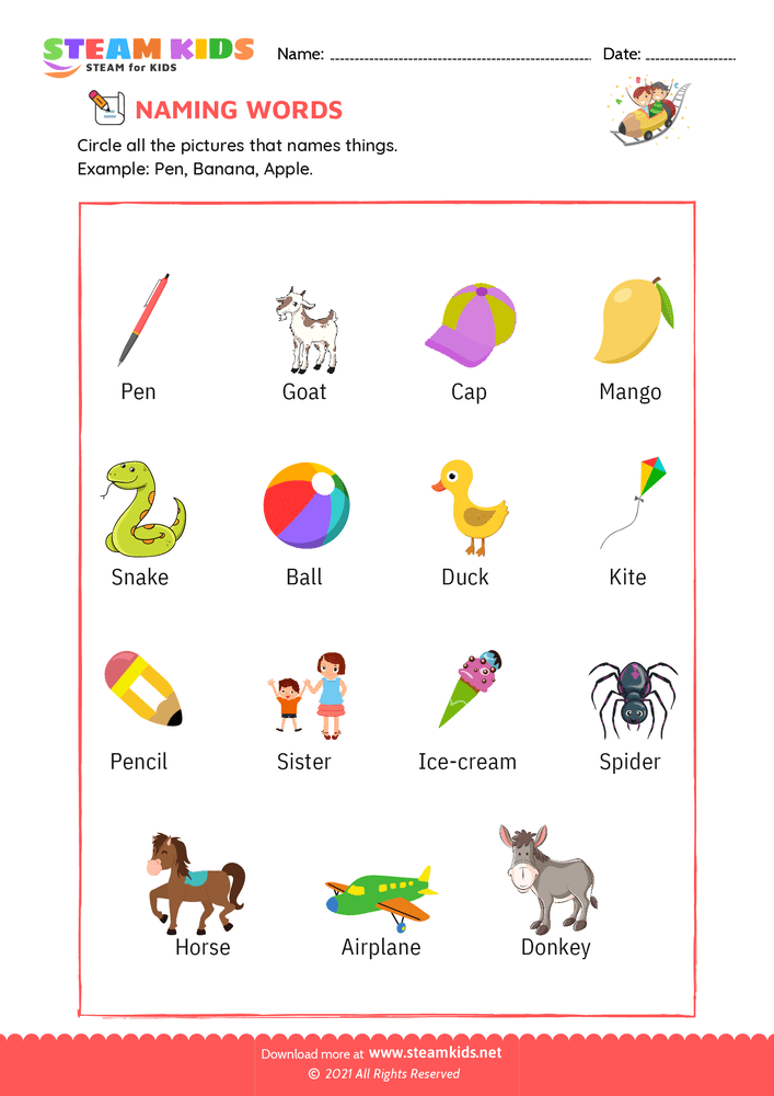 Free English Worksheet - Naming words - Worksheet 6