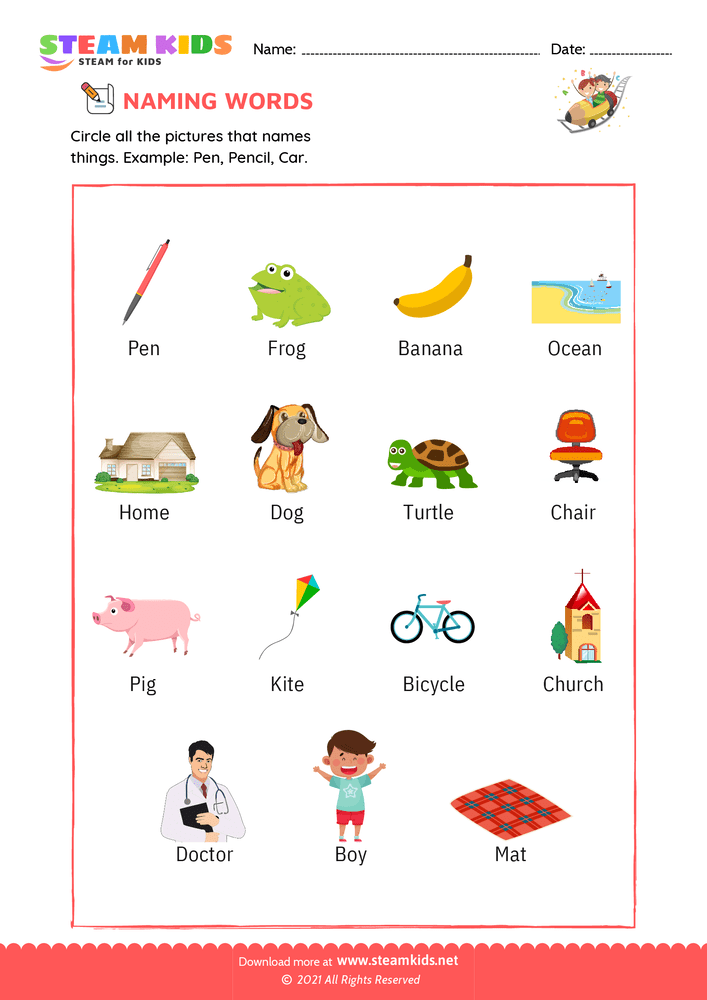 Free English Worksheet - Naming words - Worksheet 8