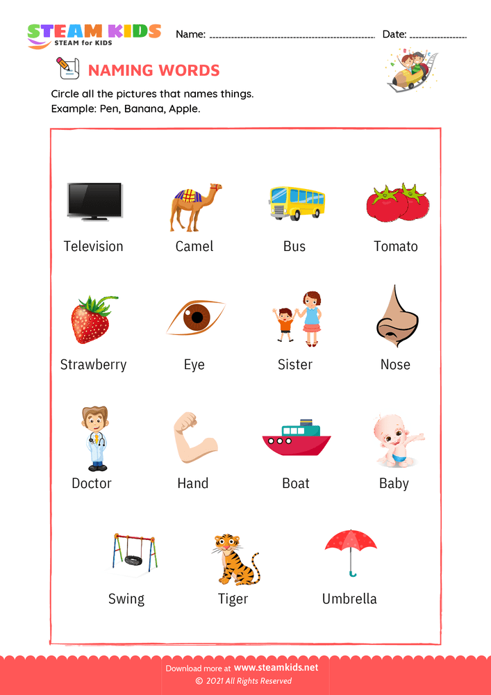 Free English Worksheet - Naming words - Worksheet 9