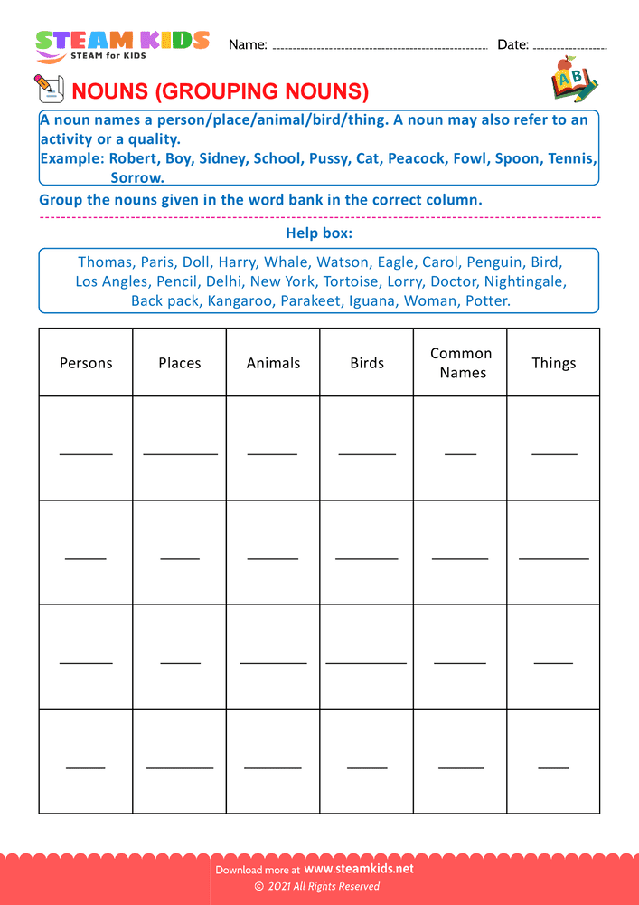 Free English Worksheet - Grouping nouns - Worksheet 1