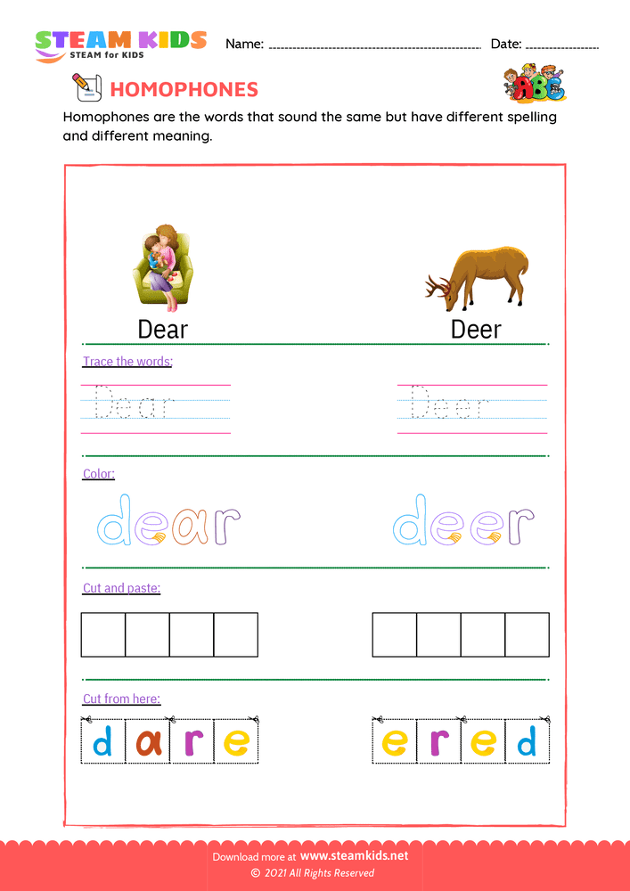 Free English Worksheet - Trace and Color - Worksheet 7