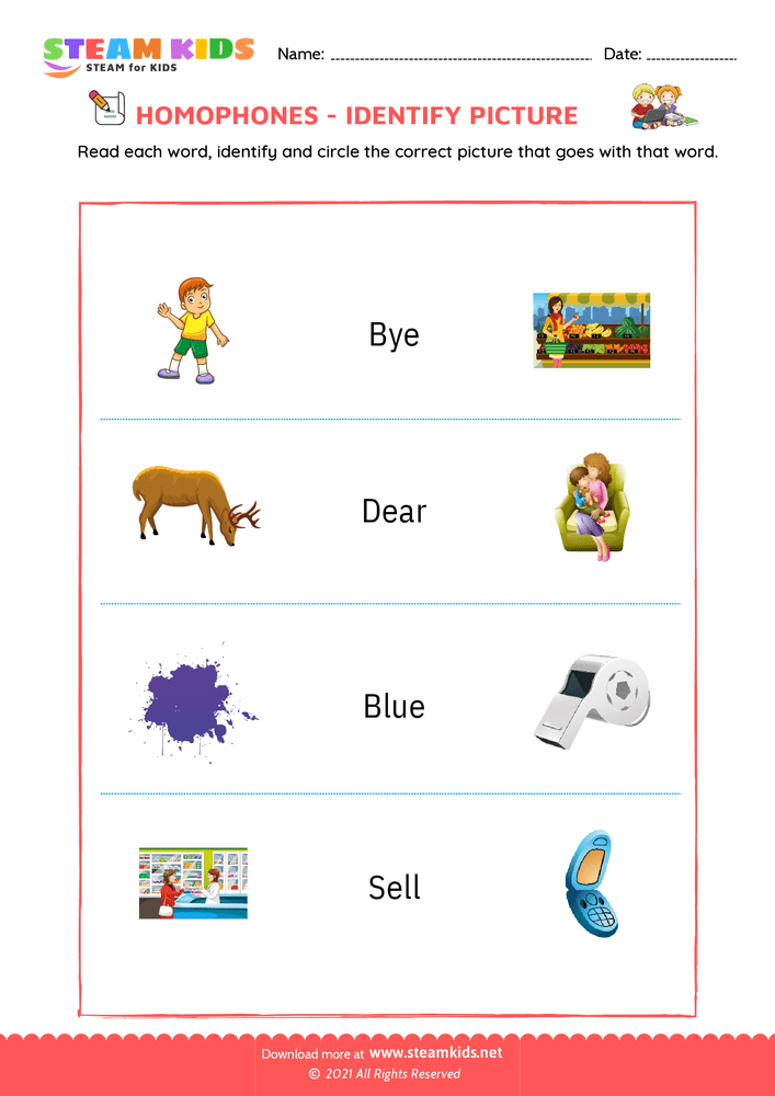 Free English Worksheet - Identify by pictures - Worksheet 1