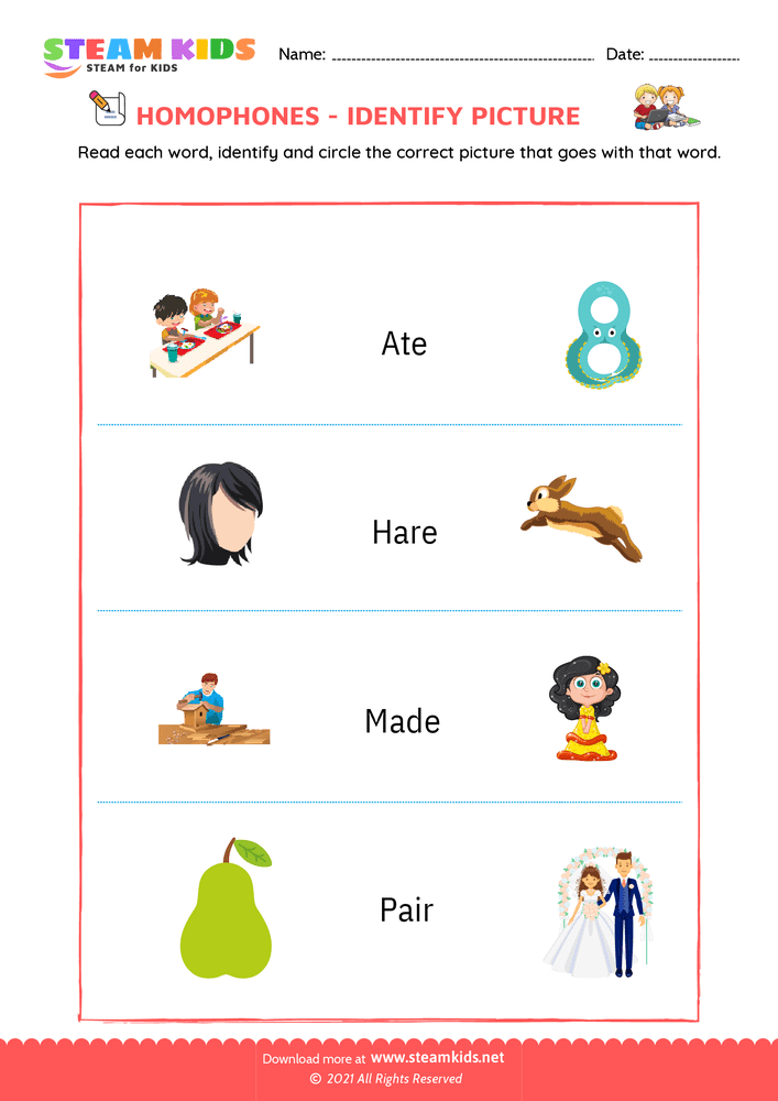 Free English Worksheet - Identify by pictures - Worksheet 4